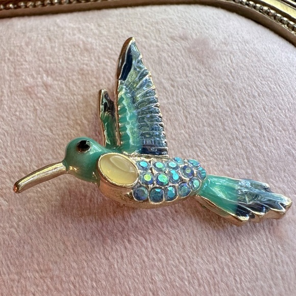Turquoise, Blue & Yellow Hummingbird Brooch Pin Crystals Rhinestones & Enamel - Picture 3 of 12